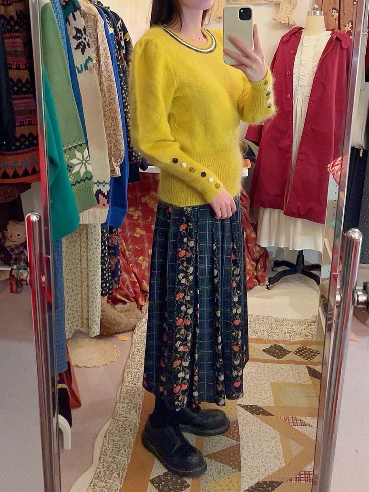 blue check flower tuck skirt