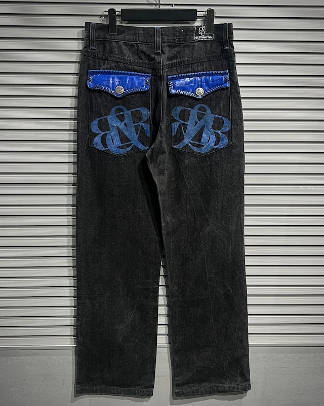 【X VINTAGE】Leather Switching Loose Baggy Denim Pants