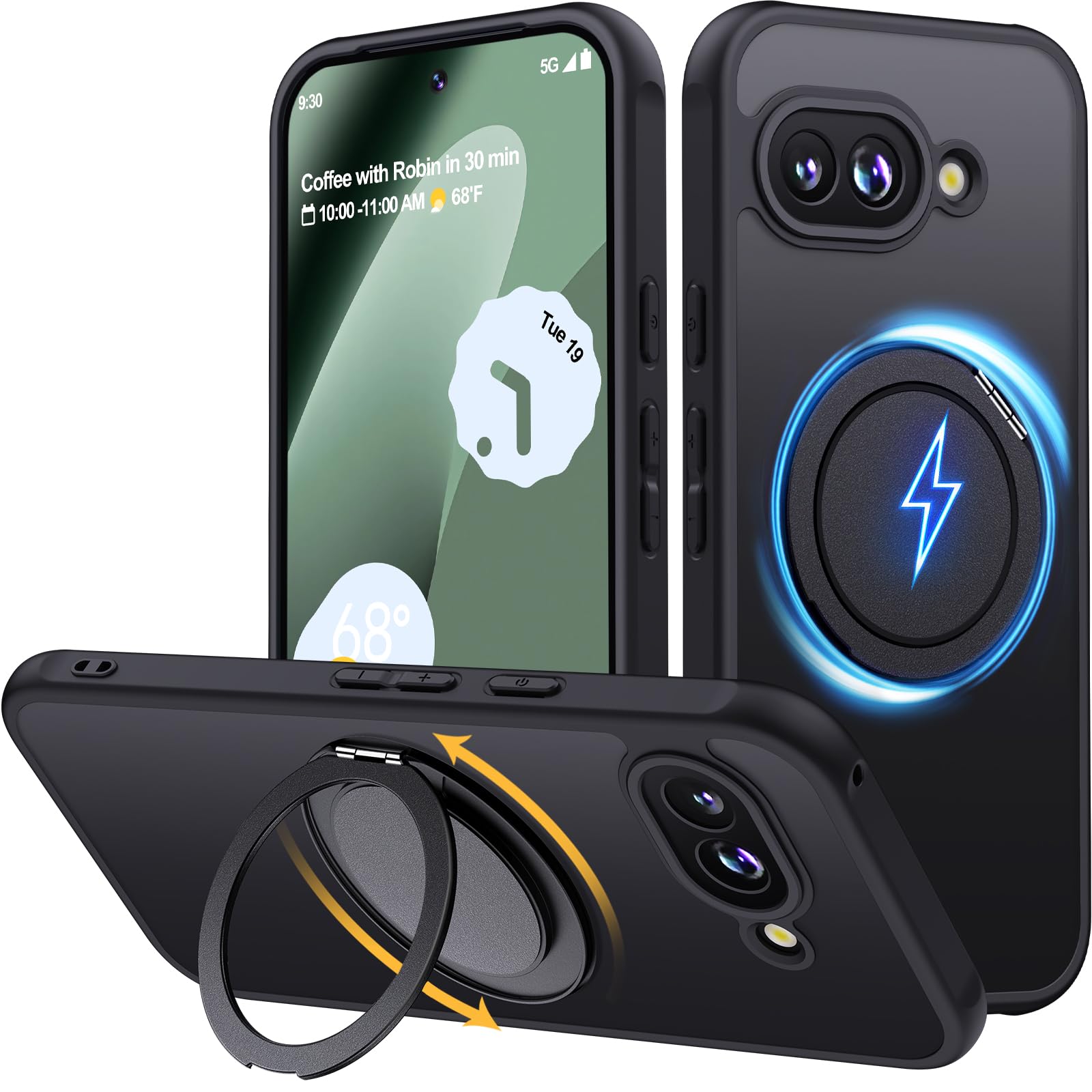 Holidi Google Pixel 10a ケース MagSafe向け マット感 360°回転スタンド マグネット搭載 米軍MIL規格 全面保護 ワイヤレス充電 黄変なし グーグルピクセル10a ケース Magsimpl-Series 半透明・ブラック
