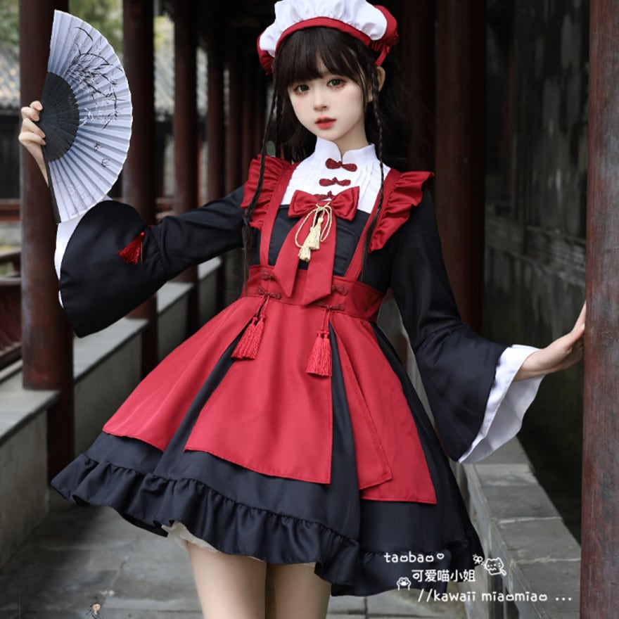 中華ロリータ 長袖メイドワンピース カチューシャ×タッセル付き｜WithU