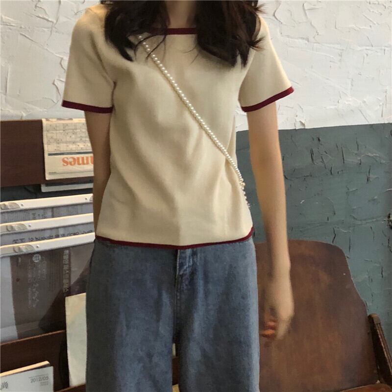 2020年春新夏バージョンオールマッチ薄手ショートTシャツヒットカラー半袖トップオールマッチセーターレディース 1号婦人15418953450