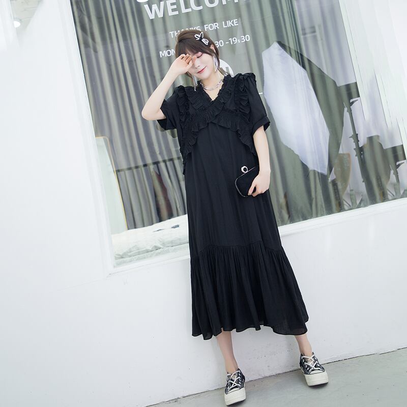 サマーVネックロング薄手ドレス 大きめサイズ 夏物 ミックスインファッション53716142081