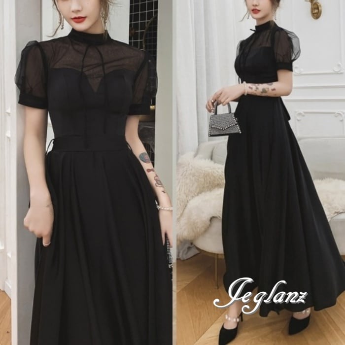 パーティ ドレス ワンピース ハイネック ランタン袖 シアー感 ♪ (M0637)★ ζ