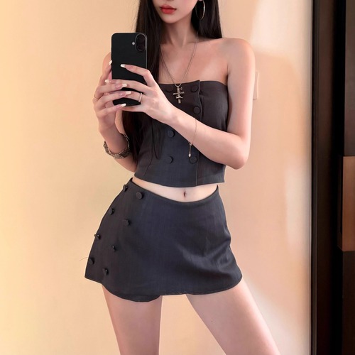 【2点セット】Wボタンベアトップ＋アシメWボタンスカート ・11739