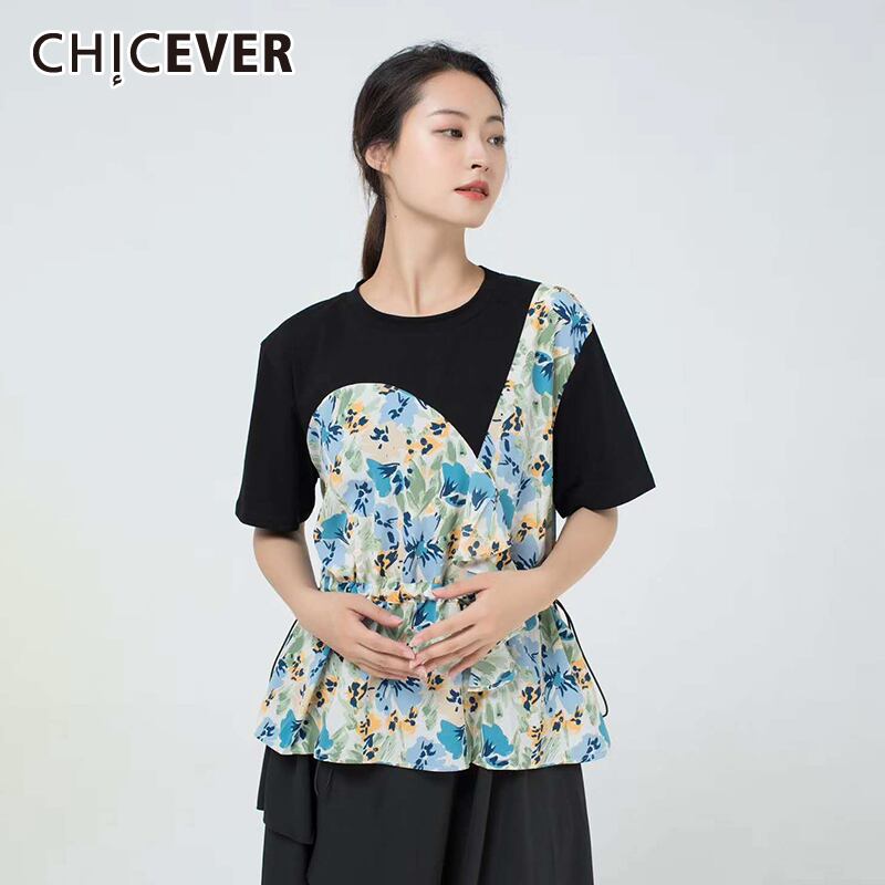 CHICEVERアシンメトリープリントシャーリングTシャツOネックドローストリングワンサイズレディースシャツ2020夏服 サマー 夏物 6base589180427661
