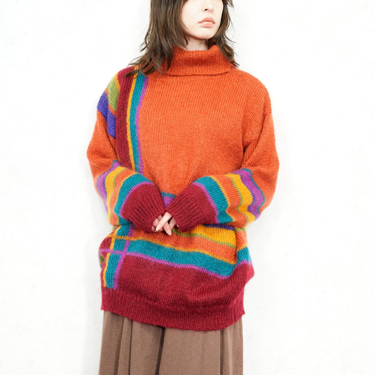 USA VINTAGE LE MODA COLORFUL HIGH NECK DESIGN HAND LOOMED MOHAIR 