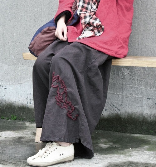 スタイルパンツ ルーズスタンダード レッド レトロ 刺繍 ピュア Yiranxuaディースワード28855249479