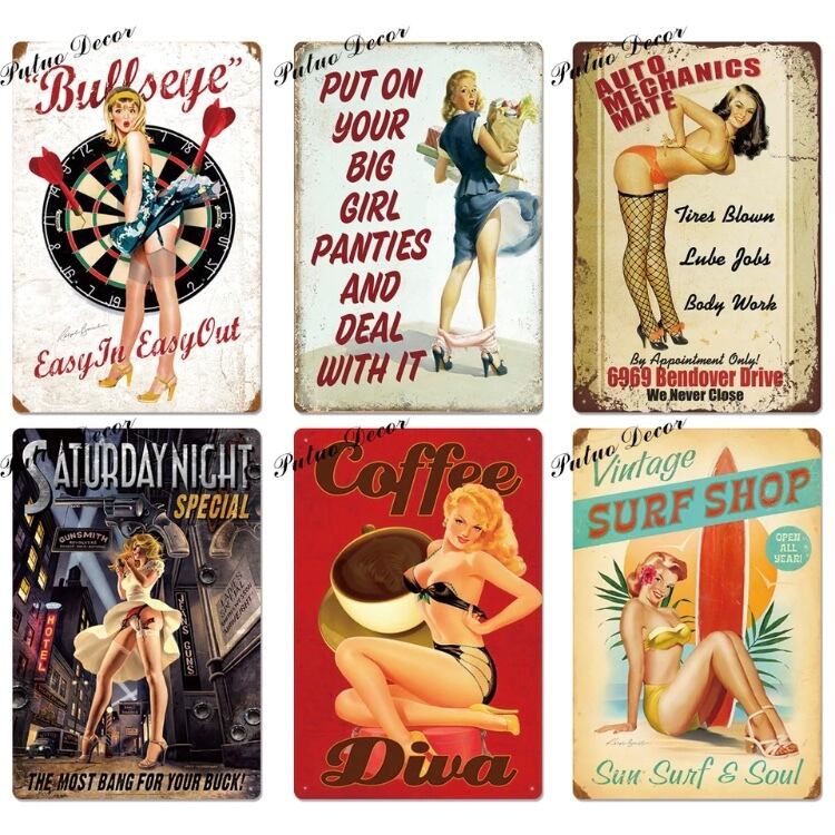 わない 新品 インテリア雑貨 ブリキ看板 Pin Up Girl ピンナップガール Barber がデザイン