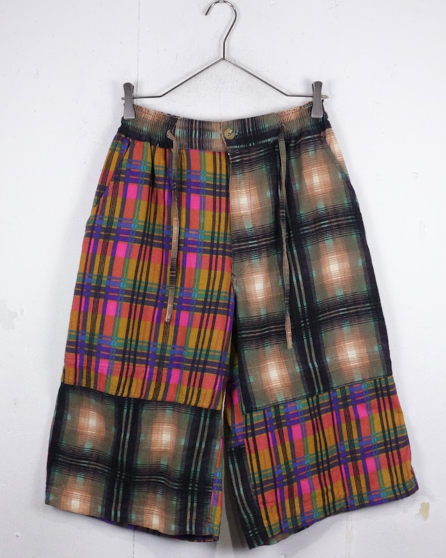 【Caka act2】80’s Psychedelic × Ombre Check Print Flannel Patch Work Shorts