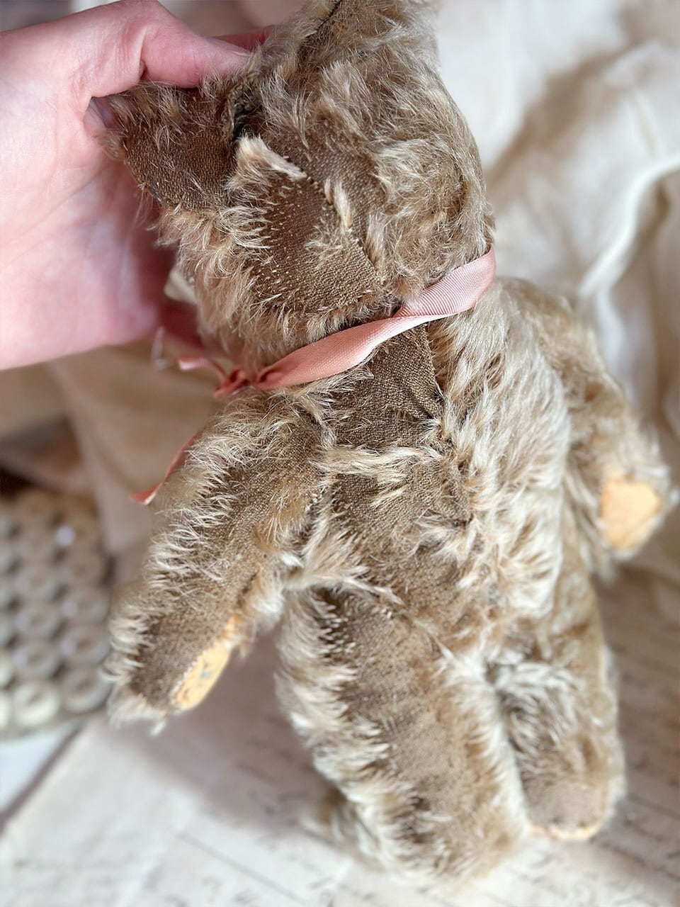 ピンクリボンのオープンマウスベア くま ぬいぐるみ | Brocante de La