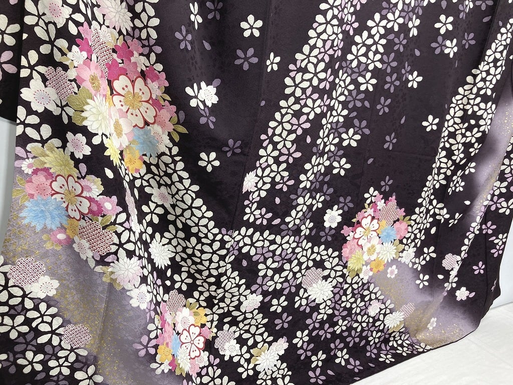 金駒刺繍 花づくし 桜 金箔 振袖 正絹 紫 濃色 黒 白 ピンク 038