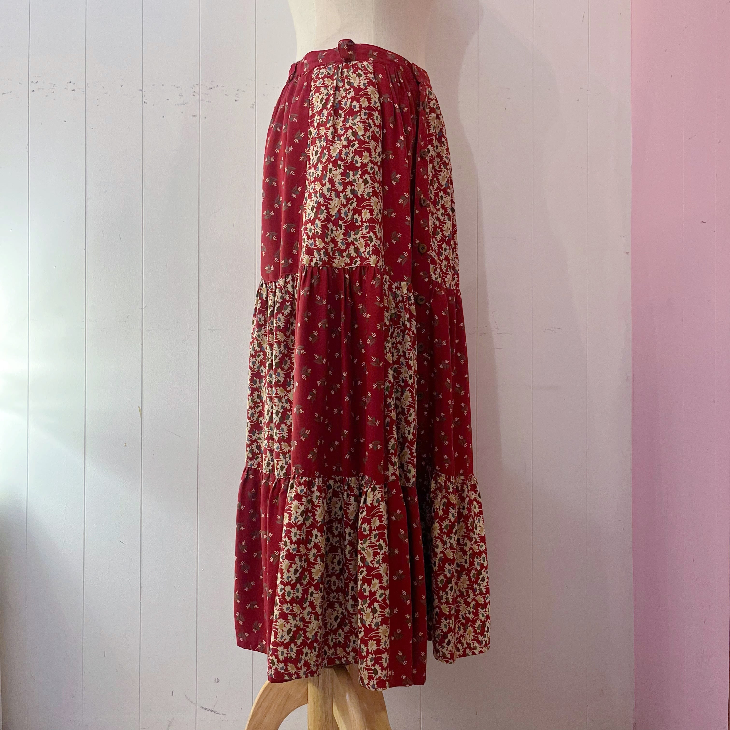 red flower patchwork tiered skirt