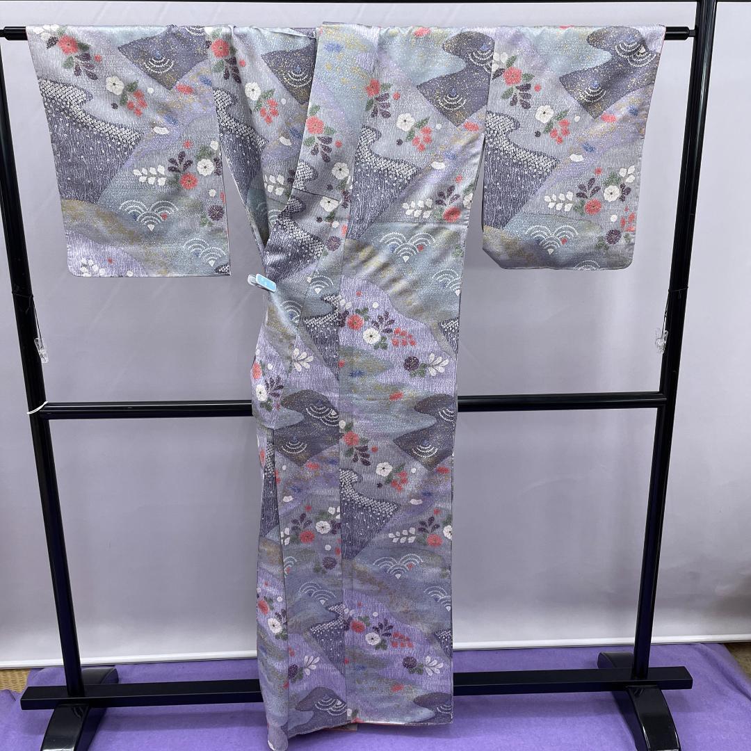 着物 正絹 花柄 小紋 青 和装 疑わしい 袷 白 