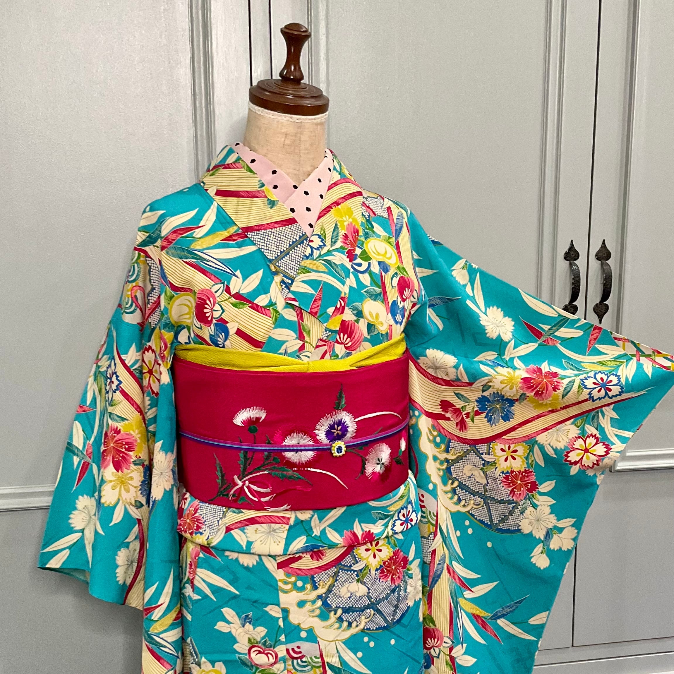 Turquoise Rhapsody＊単衣 桜 撫子 橘 壺 花籠 空色 シアン スカイ