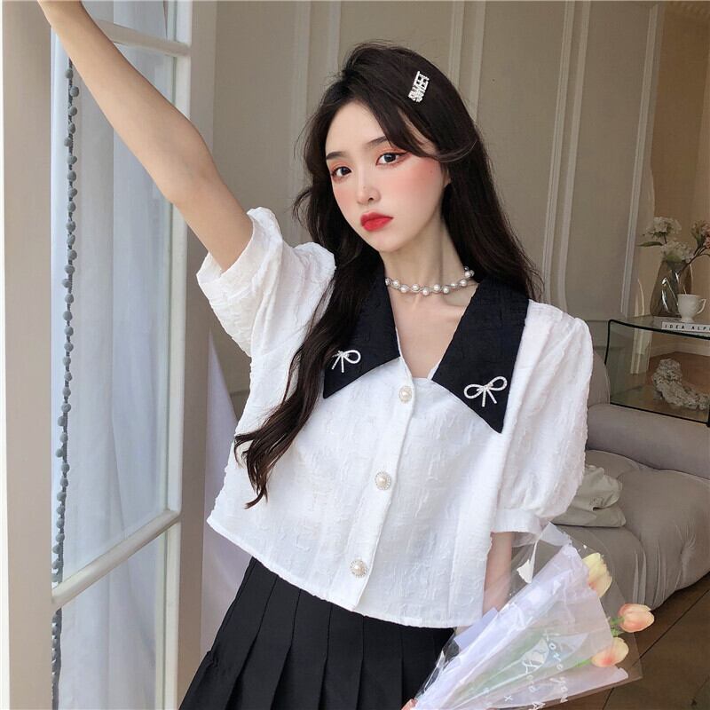 サマーショートホワイトシャツ トップス スタンダードカラールーズ レトロ 夏物 1号婦人63554109052