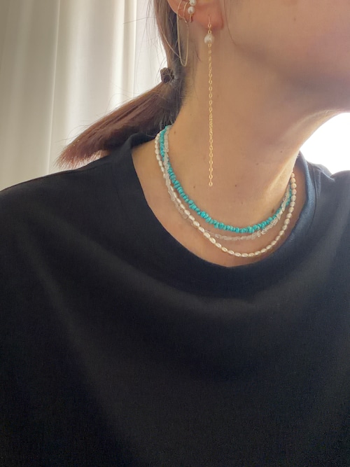 【Triple Layer】Turquoise & Baby Pearl & Crystal Necklace