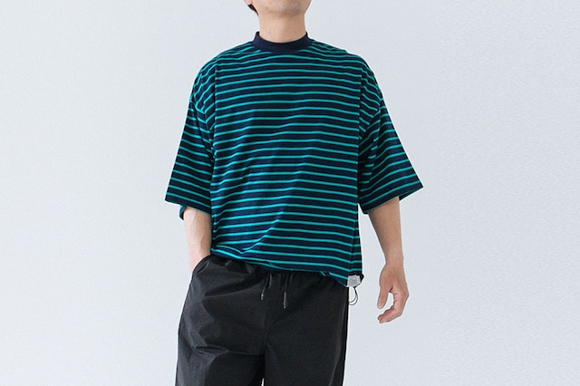 STRETCH BORDER JERSEY - DRAWSTRING BALLOON SHOR SLEEVE TEE : ストレッチボーダー天竺 - ドローストリングバルーン半袖TEE