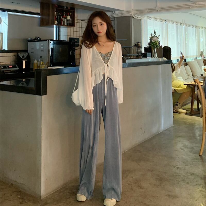 オータムウィンターシャツ フローラルハイウェストウェストワイドレッグパンツ 秋物 冬物 花柄 ワイドパンツ YY-ファッション82743330317