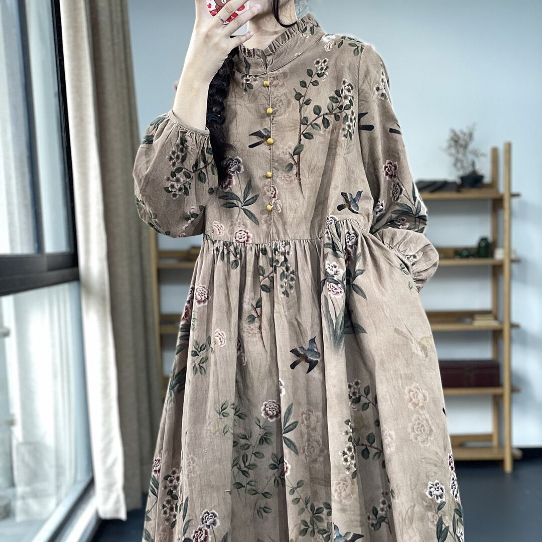 ワンピース レディース シャツワンピース フレアワンピース ロングワンピース ミモレ ロング 長袖 スタンドカラー フレア ワイド Aライン 切り替え ハイウエスト プルオーバー かわいい 大人可愛い カジュアル 清楚 おしゃれ 大人 送料無料 ラフ キュート ルーズ リラックス 抜け感 花柄 フラワー リーフ柄 ボタニカル 学生 通学 デート お出かけ 女子会 休日 公園デビュー M L XL 2XL ゆったり ゆる ブルー グレージュ 秋 10代 20代 30代 40代 普段使い 楽ちん 体型カバー