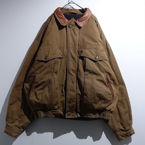 90s Brown Leather Switching Design Padded Blouson