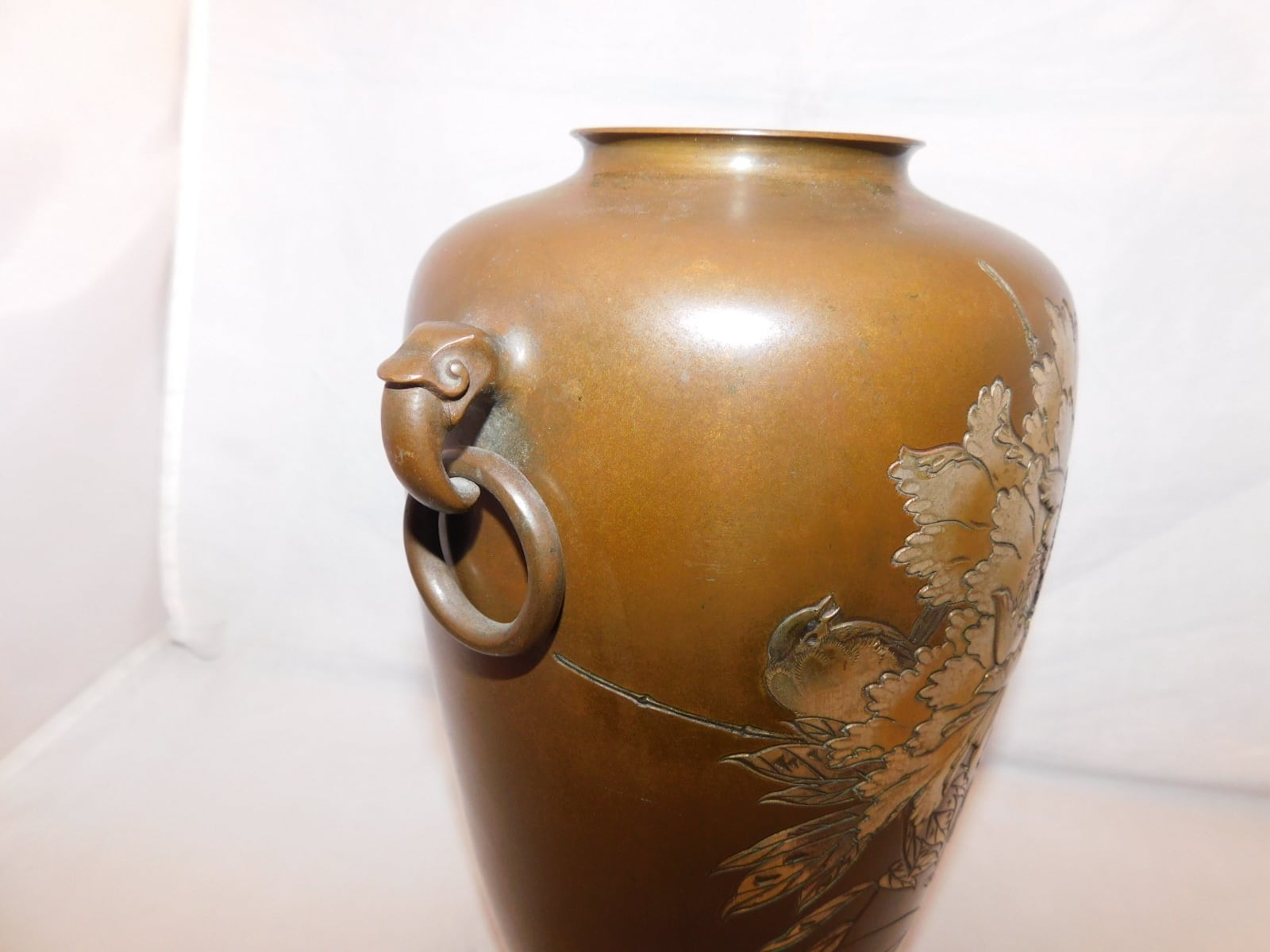 ブロンズ彫金双耳環付銅花器 bronze and multi-metal vase(peony) | 春