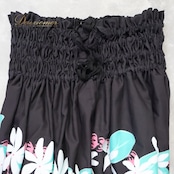 フラダンス 衣装 パウスカート エムエムジェイ ブラック系 MMJ 日本製 ティアレ柄 シングル かわいい 華やか 鮮やか きれい 大人っぽい シンプル 黒 白 水色 ピンク ハワイアン アロハ ハワイアンプリント フラ ダンス レッスン 練習 おしゃれ