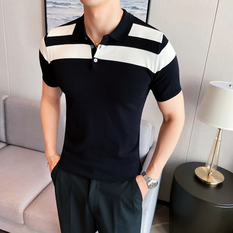 ボーダーショートスリーブニットポロシャツ 4カラー V0478