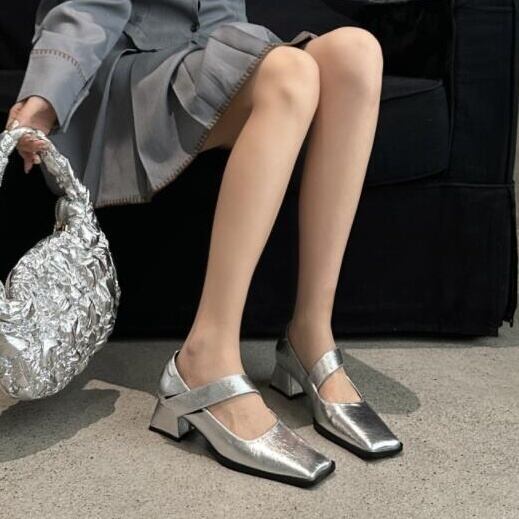 ストラップ チャンキーヒール スクエアトゥ パンプス 靴 シルバー