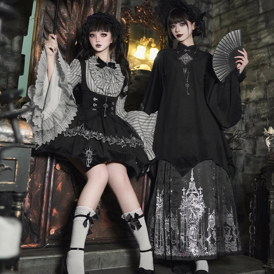 ゴスロリ 5点 セット 漢洋折衷 ロングスカート 大袖ブラウス ヘッドドレス 黒白 ロリィタ PUJI