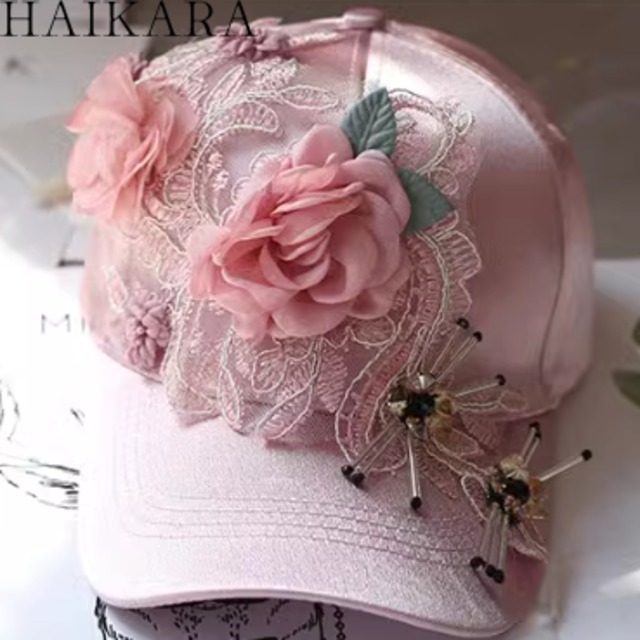 Flower corsage & embroidered baseball cap