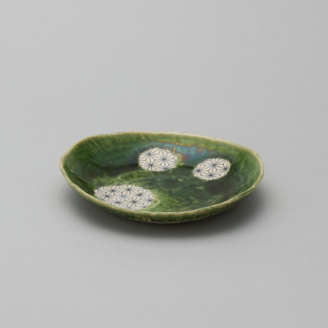 【536】 織部麻ノ葉銘々皿 縦幅14.3cm 横幅cm 高さ2.5cm g 絵付 山長陶苑
