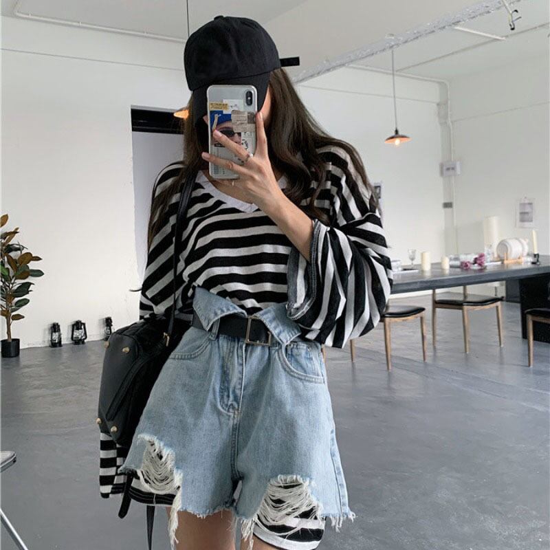 黒と白のストライプの大きいバージョンのTシャツの女性の夏バージョンins緩い中間の長さの半袖2020新しいカジュアルトップ ブラックストロベリース28517238125