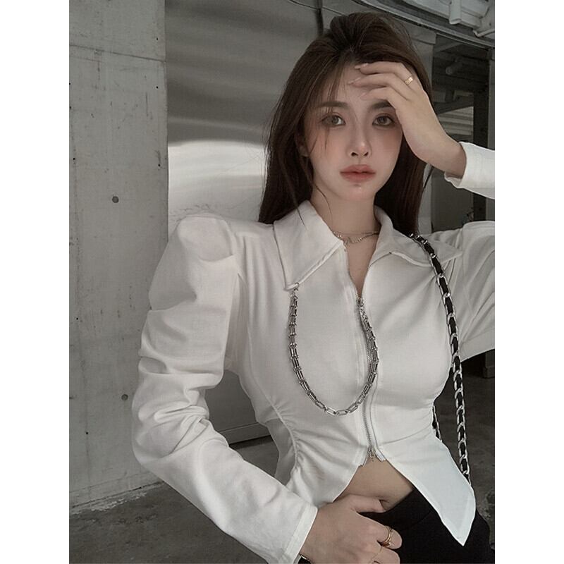 ダブルジッパーカラーショートウェストブラウス オータムTシャツ ロング 秋物 ピュア ガールズファッション26713536762