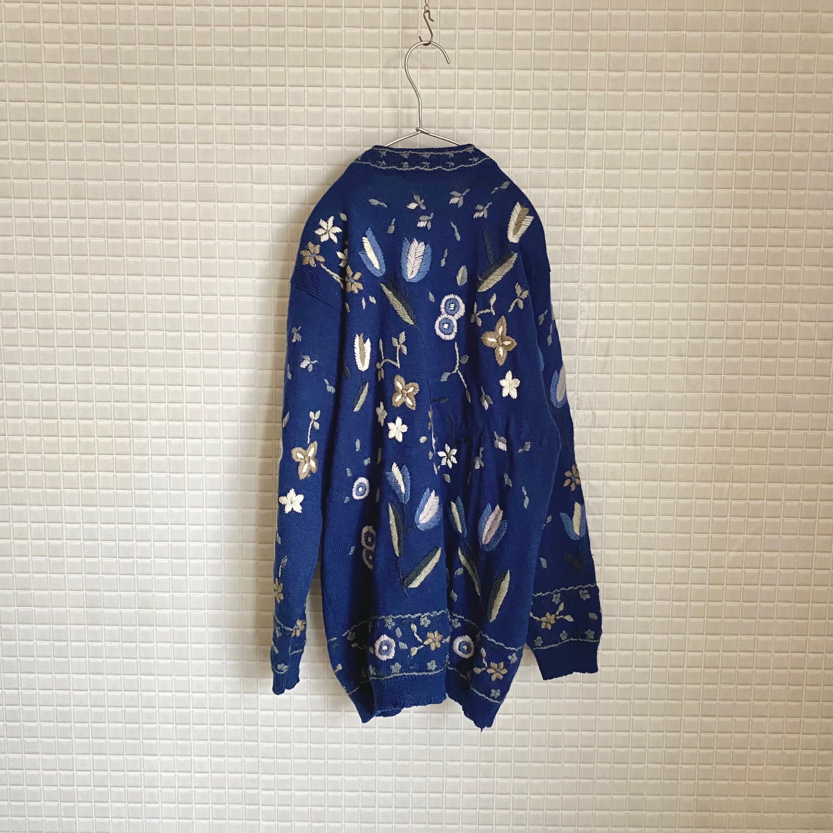 Vintage 80s retro botanical embroidery knit cardigan レトロ ...