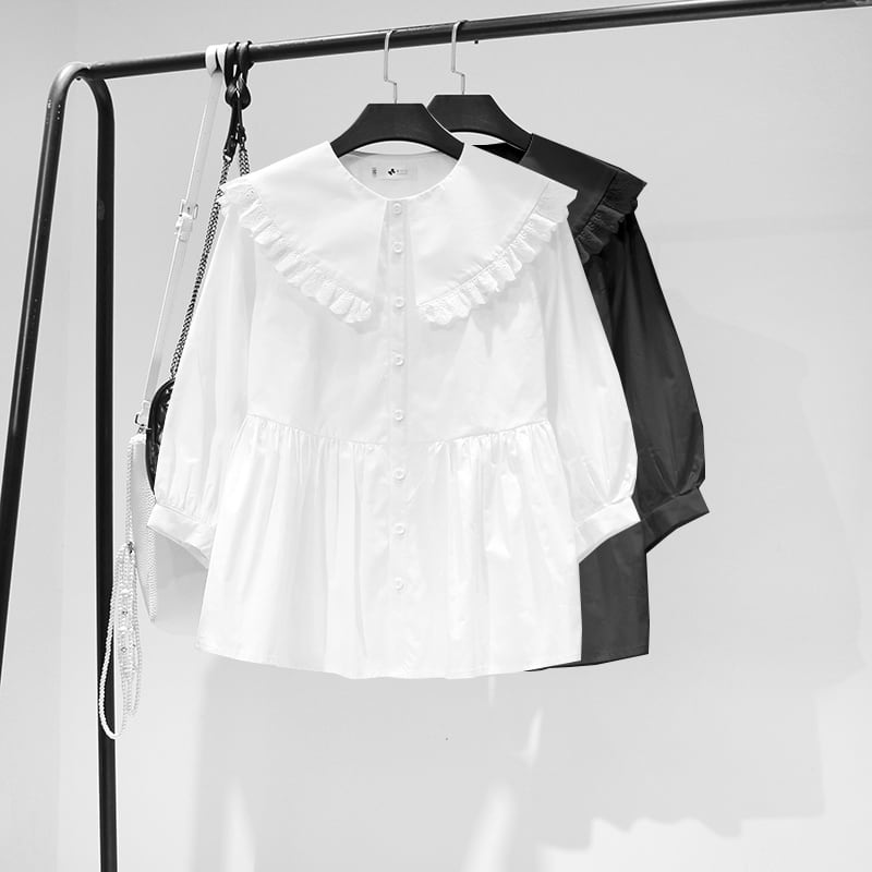 Lace stitch middle sleeve blouse《2color》