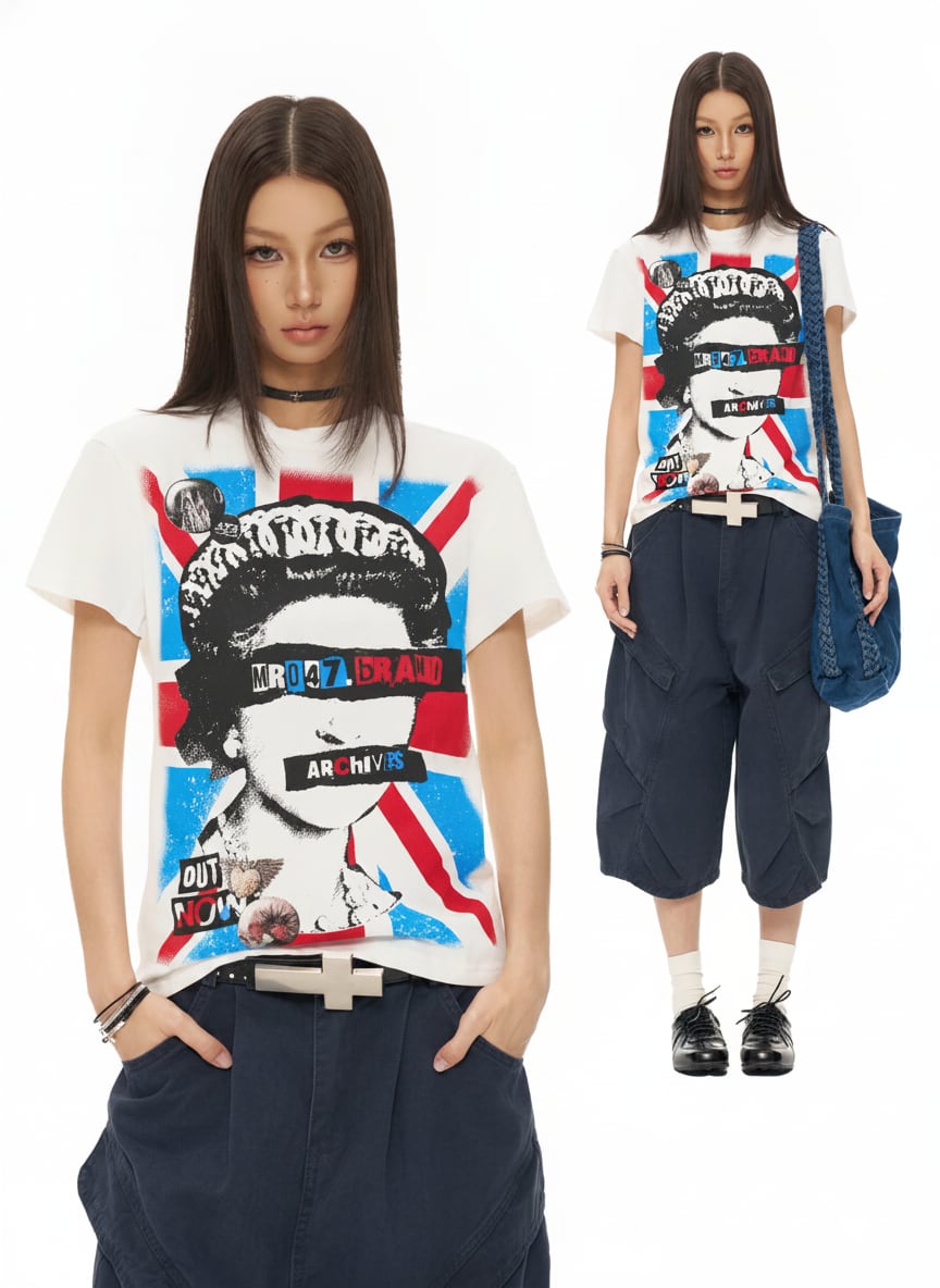 ユニオンジャックコラージュのパンクテイストグラフィックTシャツ