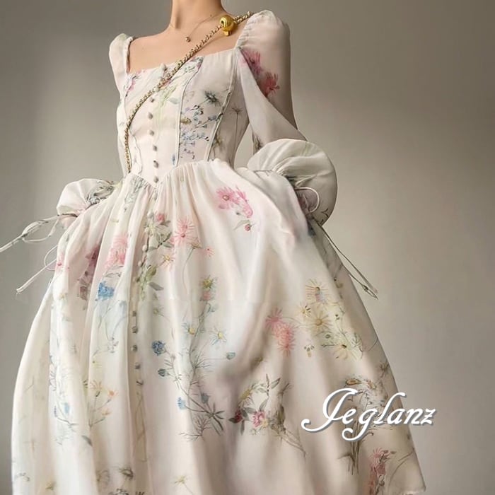 花柄 プリント ワンピース ドレス ボリューム袖 ボタン リボン 透け感 (M5655)α