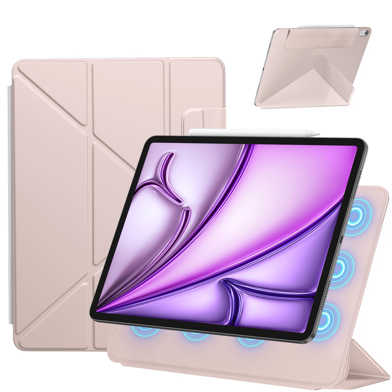 SANDUODD iPad Air 11インチ ケース M2/M3/M4 (2024/2025/2026、第6/7/8世代)/iPad Air 第5/4世代 (2022/2020)/iPad pro 11インチ ケース(2018)専用 横置&縦置 角度調整可能 三角形スタンド 強力マグネット吸着 Pencil対応 極薄 軽量 オートスリープ/ウェイク対応 (ピンク)