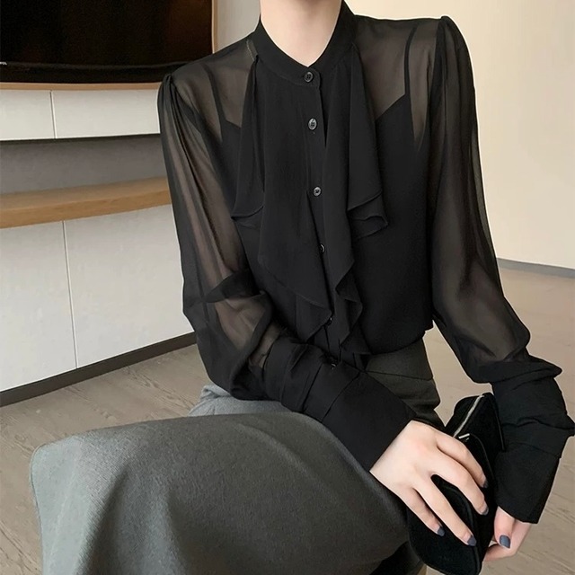 フリル 長袖 スタンドカラー ブラウス　YH10006