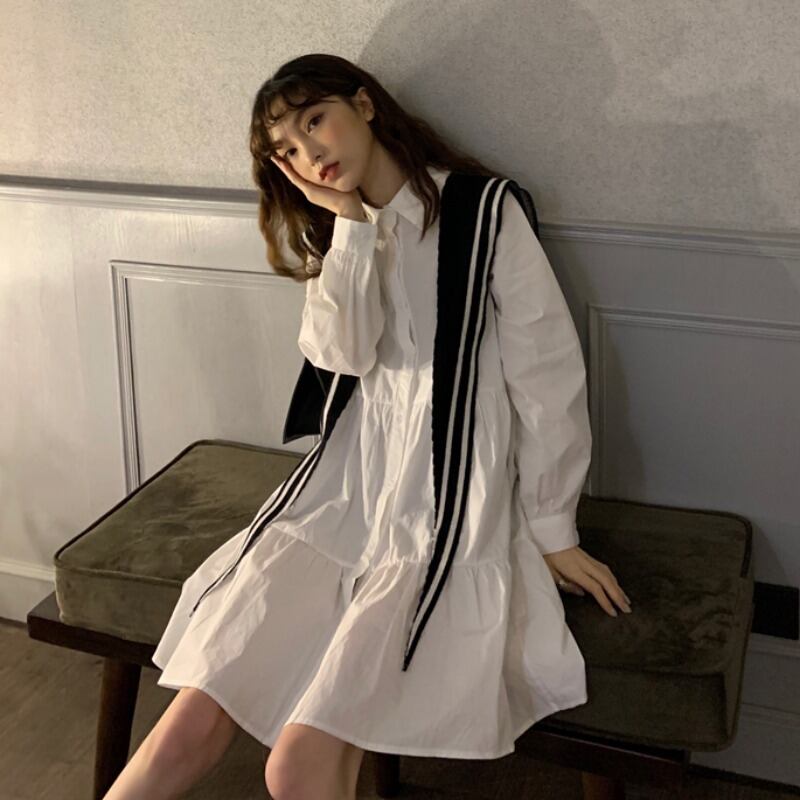 スプリングスタイルセーター ネイビーカラーシャツ スカート ドレス レディース 春物 試着室55229711811