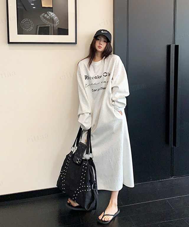 ★予約★D-1307　2026秋新作♡Ricecakeかすれロゴ長袖ロング丈ワンピース　グレー