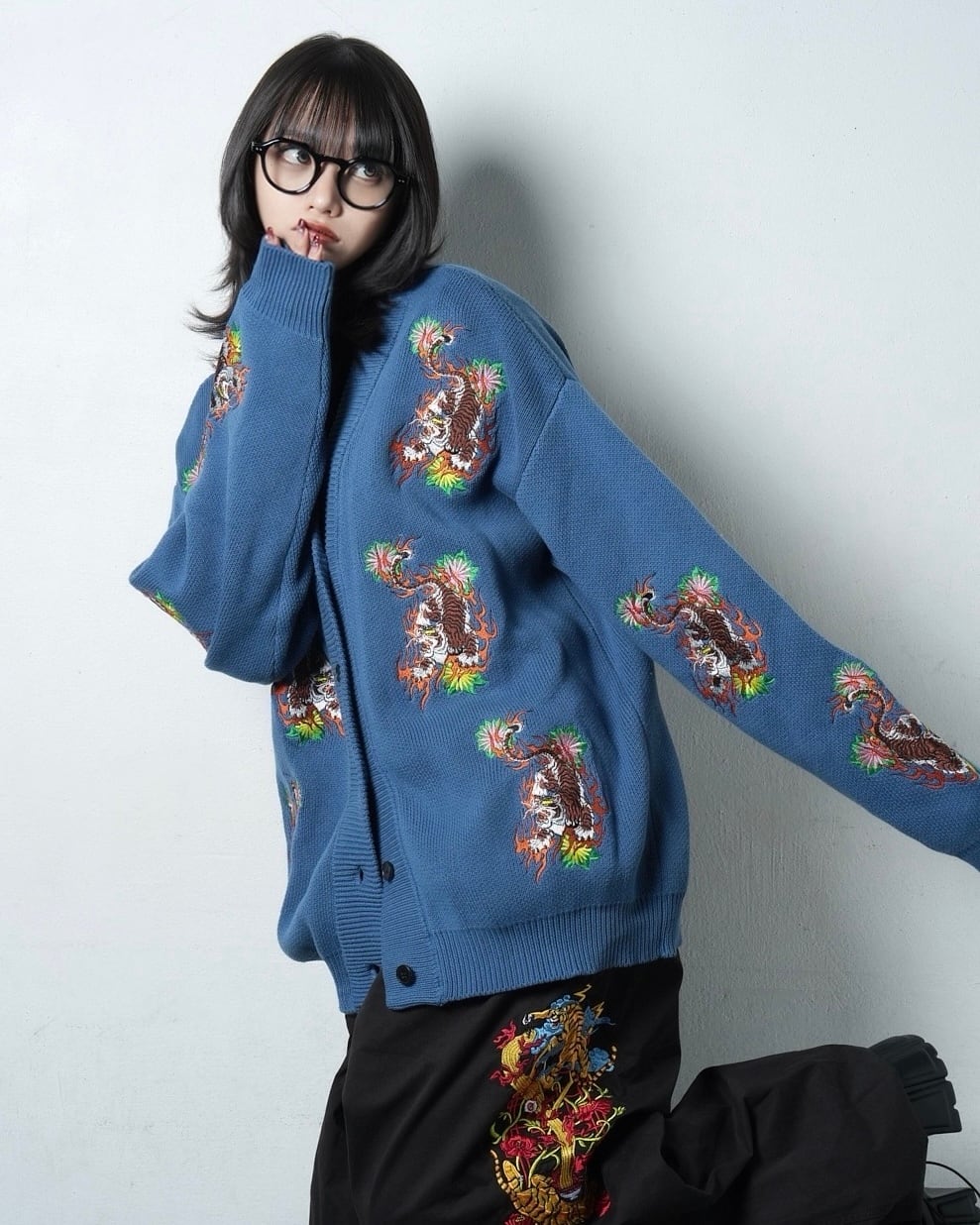 チュウカタベタイ　カーディガン　M 総柄 TIGER knit cardigan/Blue | チュウカタベタイ