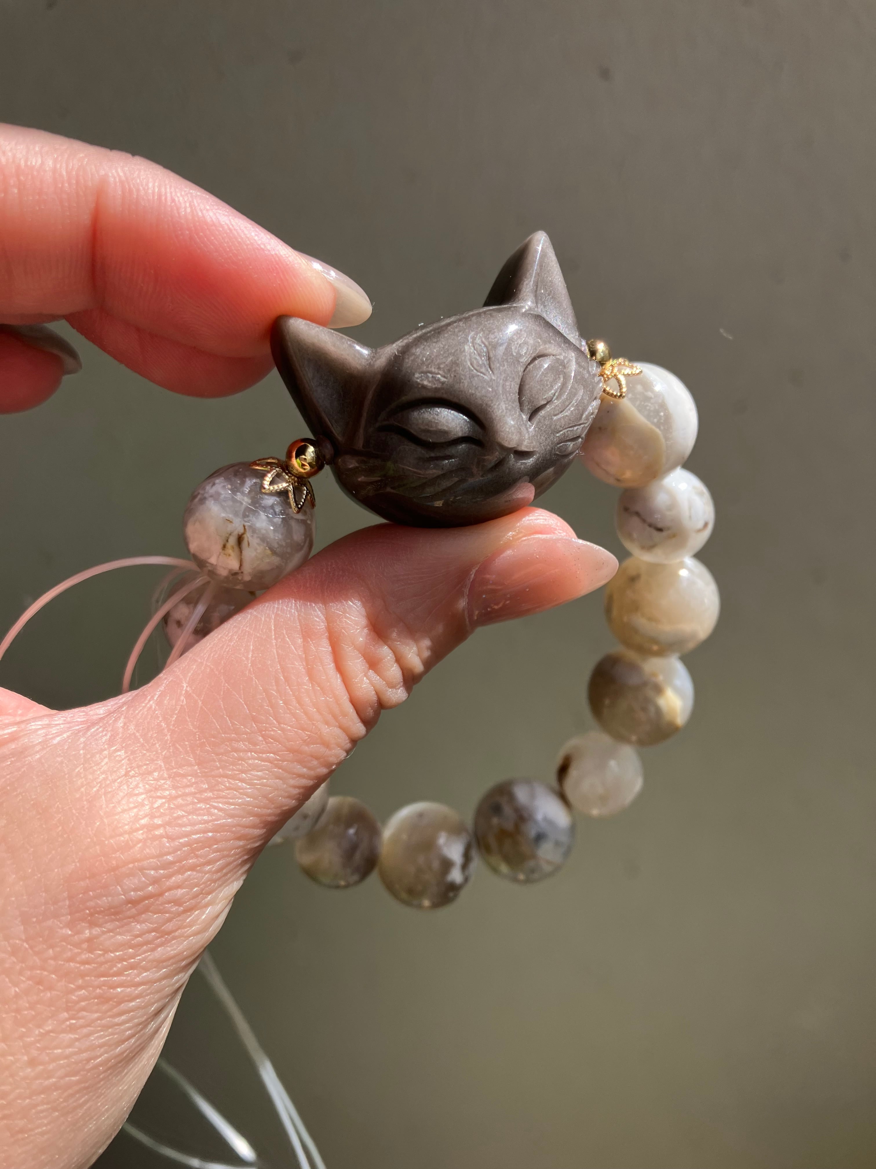 再販！ オブシディアン猫彫 ブラックガーデンクォーツブレスレット