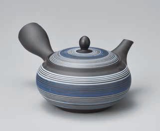 Y526【常滑焼】柏陽平丸中水色ライン急須 | ヤマキイカイのネットショップ