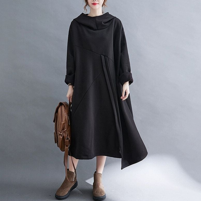 SOLID HOODED WARM LINING A-LINE MIDI PULLOVER SWEAT DRESS 2colors M-15009