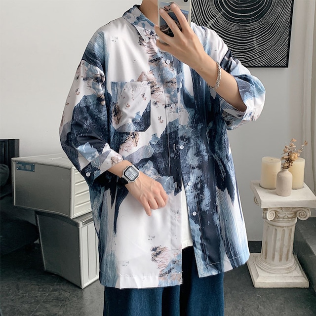 【TIESHANGシリーズ】★チャイナ風シャツ★ 2color 男女兼用 メンズ プリント 大きいサイズ 水墨柄 七分袖