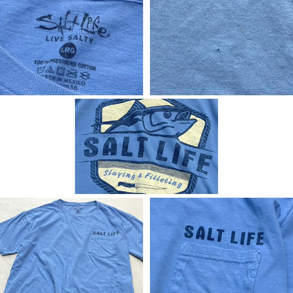 1点物◇ソルトライフSLバックプリント水色ポケットTシャツ古着メンズL