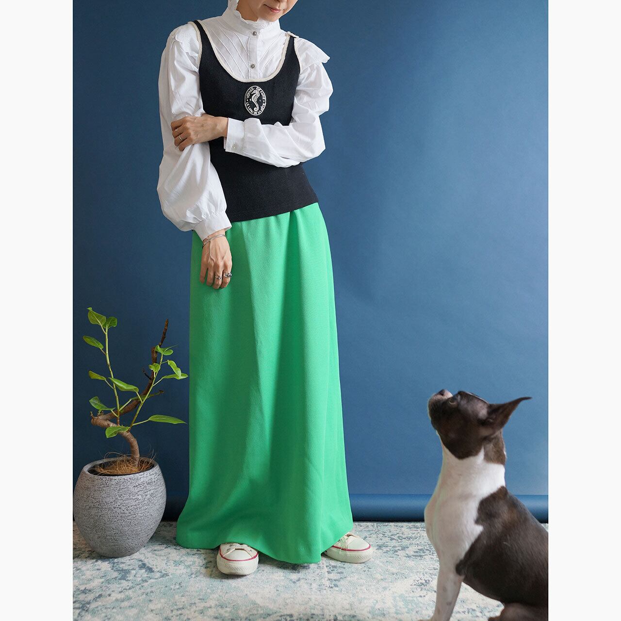 【送料無料】70's Green High Waisted Maxi Skirt