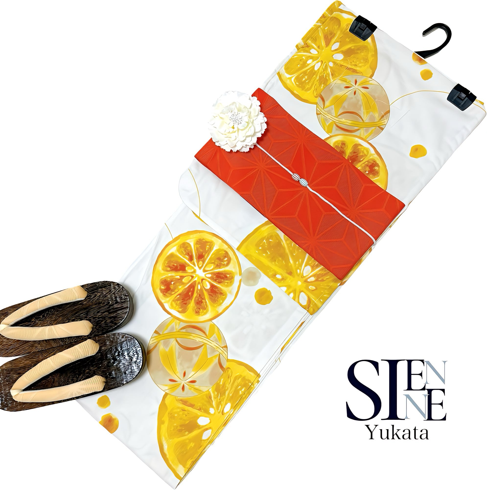 浴衣ジェンヌ 浴衣5点セット 白地にオレンジ柄 フルーツ 浴衣 ゆかた  