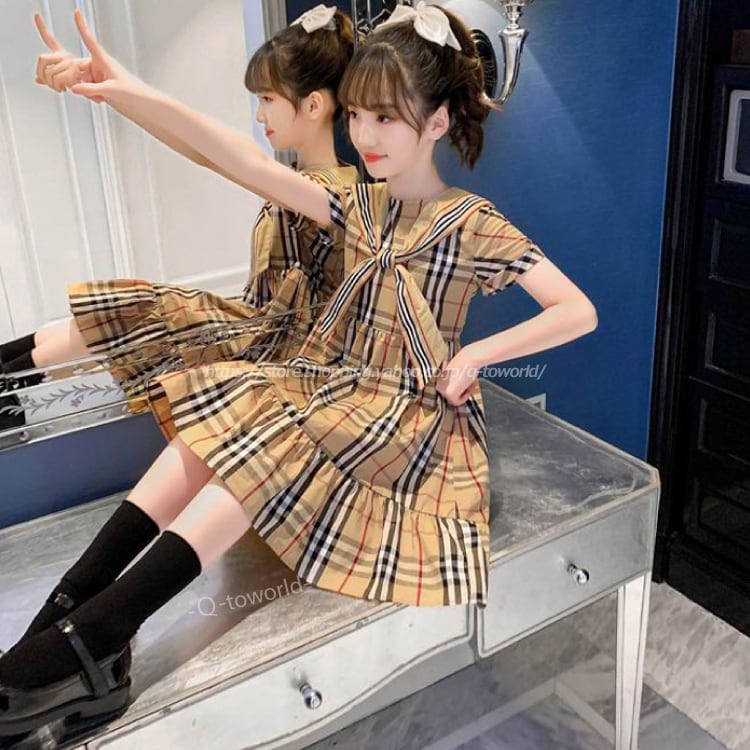 ワンピース　女の子 チェック柄　ロング　半袖　全２タイプ　女の子 　韓国子供服　子供服    dキュートワールド子供服｜